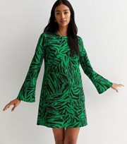 New Look Green Zebra Print Round Neck Flare Sleeve Mini Dress